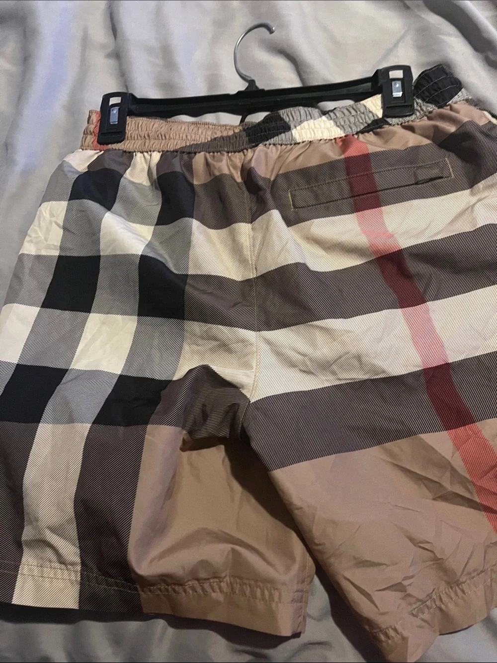 Burberry Beige Plaid Swim Board Shorts with Red Stripe